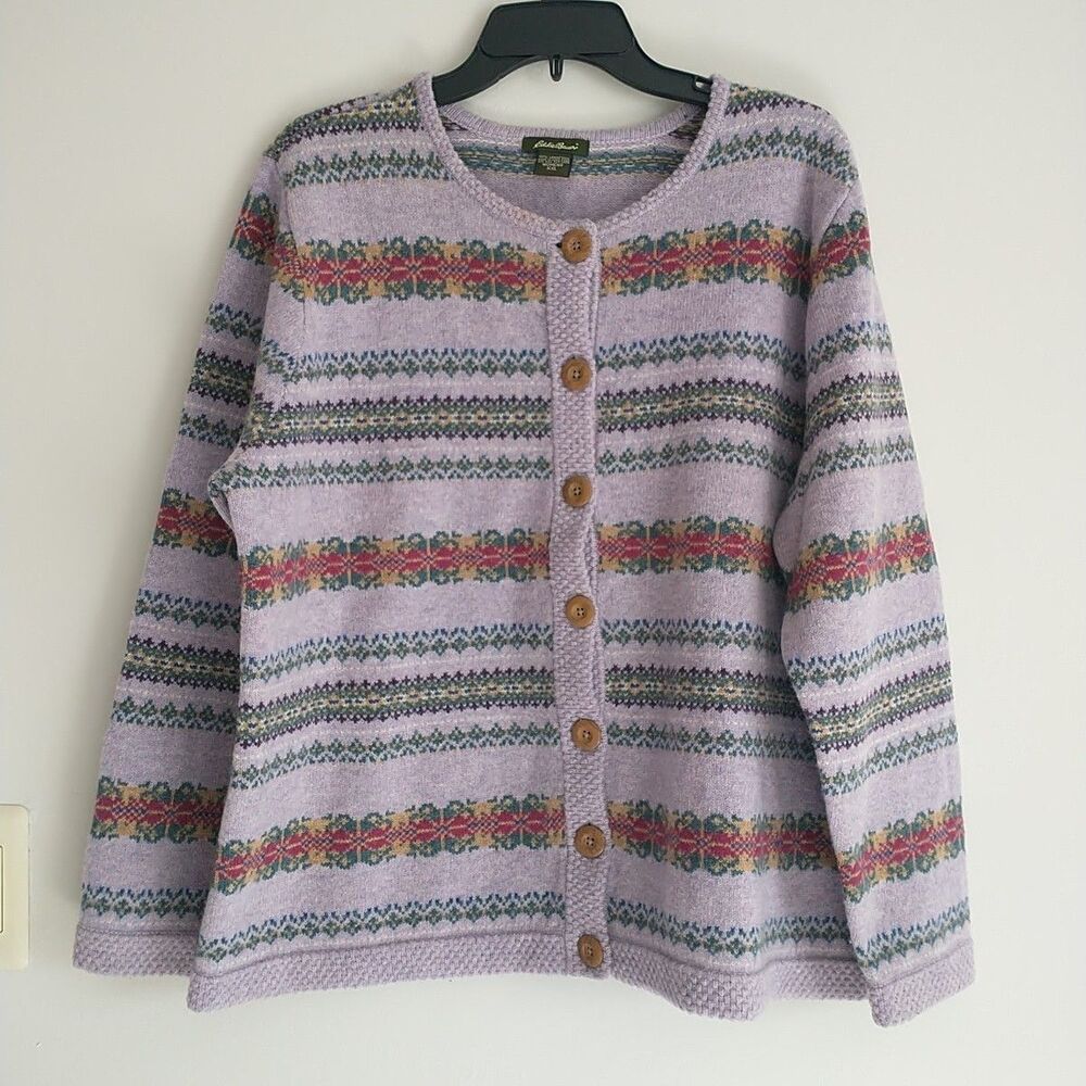 Eddie Bauer Cardigan Sweater Womens 2XL/XL*Purple Lambswool FairIsle Crew Neck